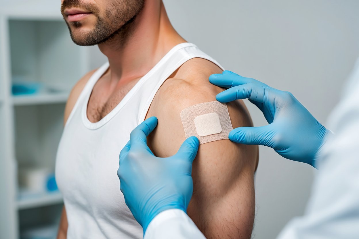Врач клеит лейкопластырь